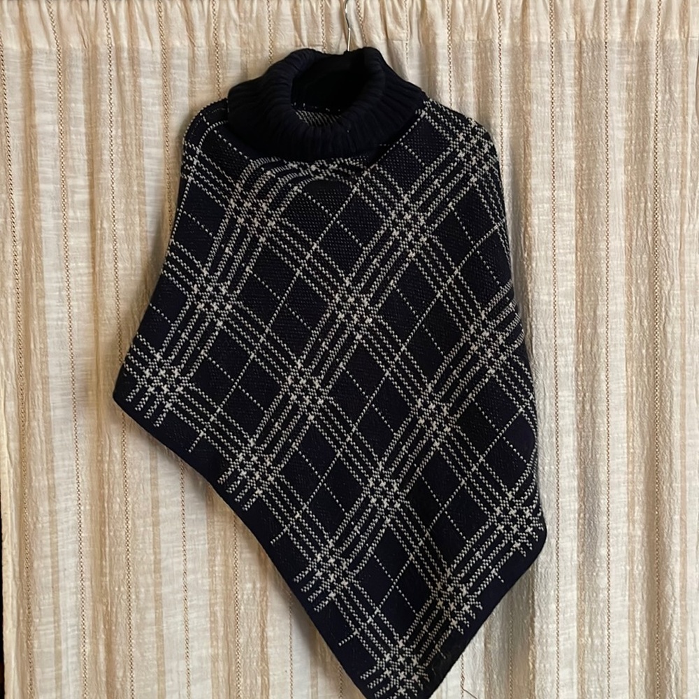 Navy and White Knit Turtleneck Poncho